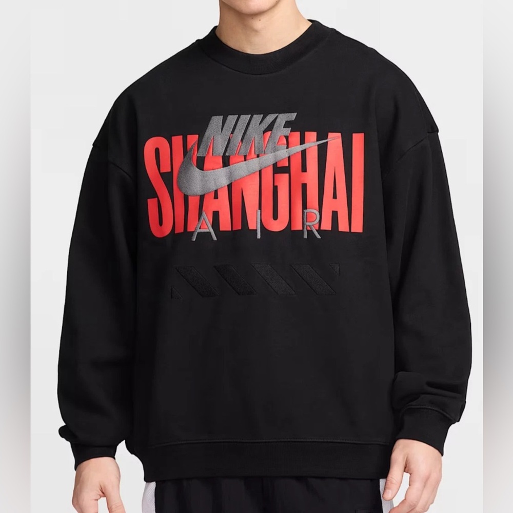 Nike Air Shanghai Black Red Oversized Crewneck Sweatshirt Men’s NEW
